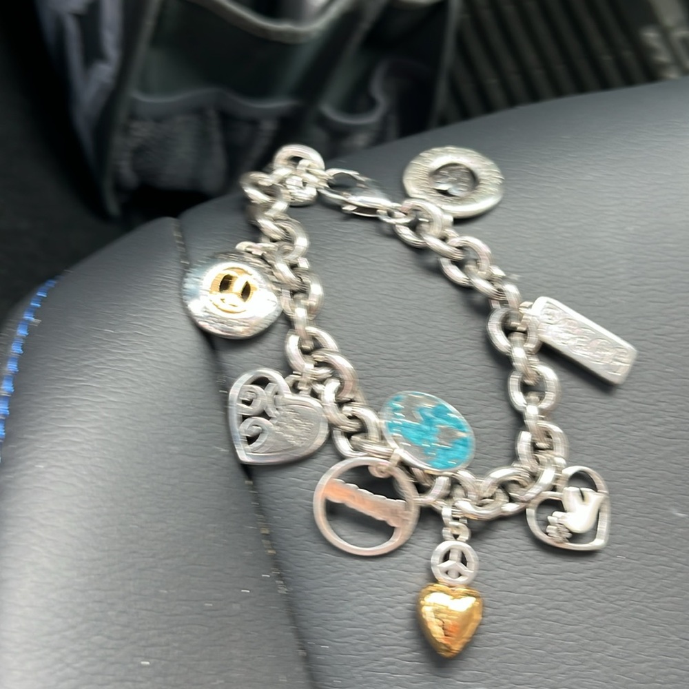 Brighton World Peace Charm Bracelet Retired Silver Plated Chunky Oval Link Chain